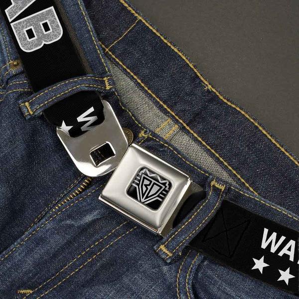 Buckle Down BD Wings Logo CLOSE-UP Full Color Black Silver Seatbelt Belt - WATCH ME DAB/Stars Black/Red/White/Crackle Gray Webbing