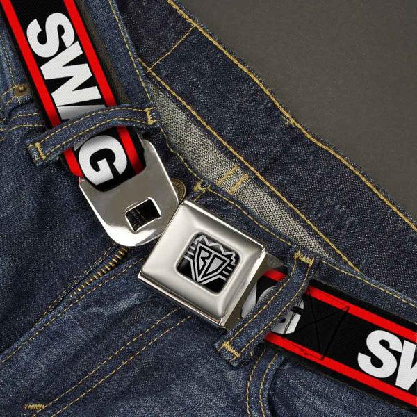 Buckle Down BD Wings Logo CLOSE-UP Full Color Black Silver Seatbelt Belt - SWAGG Black/White/Red Stripe Webbing