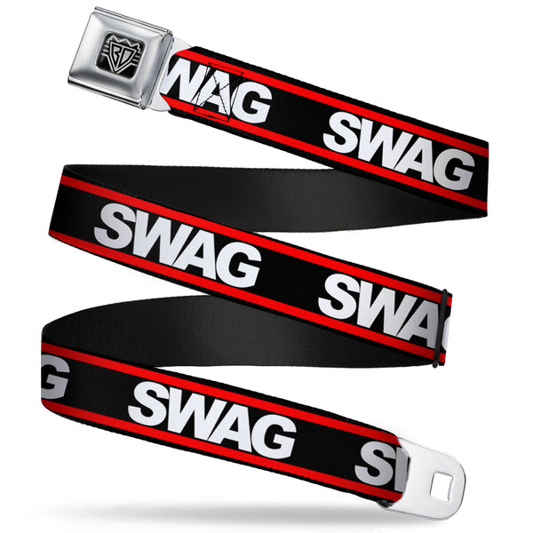 buckle down BD Wings Logo CLOSE-UP Full Color Black Silver Seatbelt Belt - SWAGG Black/White/Red Stripe Webbing