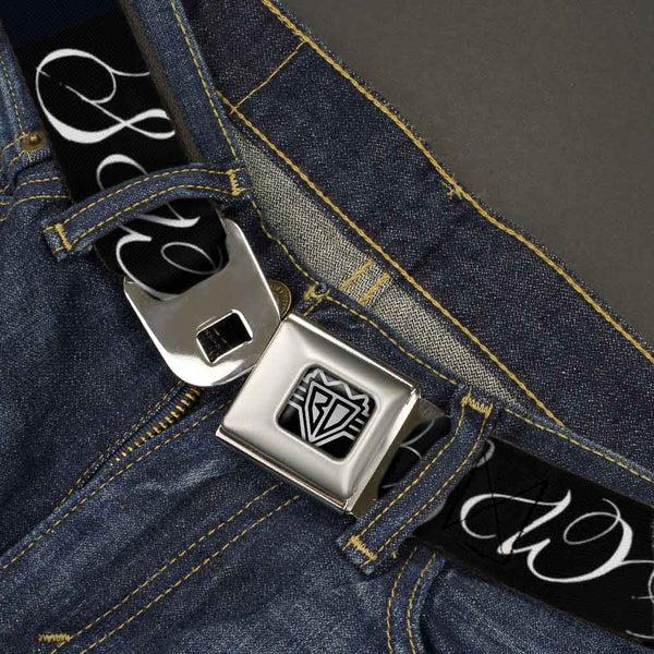 Buckle Down BD Wings Logo CLOSE-UP Full Color Black Silver Seatbelt Belt - SWAG Script Black/White Webbing