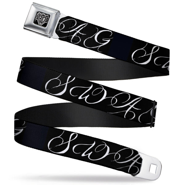 buckle down BD Wings Logo CLOSE-UP Full Color Black Silver Seatbelt Belt - SWAG Script Black/White Webbing