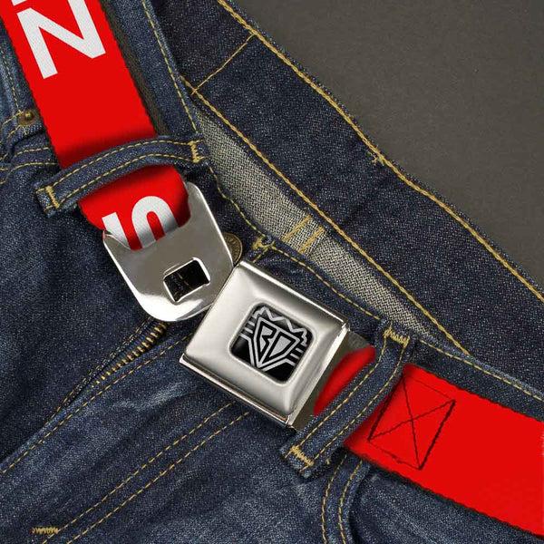 Buckle Down BD Wings Logo CLOSE-UP Full Color Black Silver Seatbelt Belt - STEEZ Flat Red/White Webbing