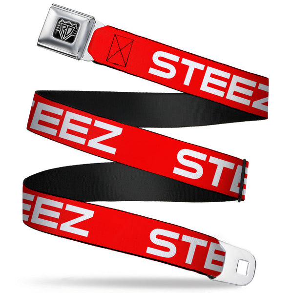 buckle down BD Wings Logo CLOSE-UP Full Color Black Silver Seatbelt Belt - STEEZ Flat Red/White Webbing