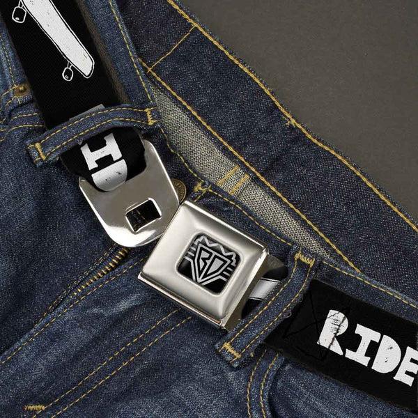 Buckle Down BD Wings Logo CLOSE-UP Full Color Black Silver Seatbelt Belt - RIDE ME Skateboard Black/White Webbing