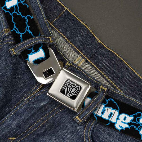 Buckle Down BD Wings Logo CLOSE-UP Full Color Black Silver Seatbelt Belt - LIVING THE DREAM/Clouds Black/Blue/White Webbing