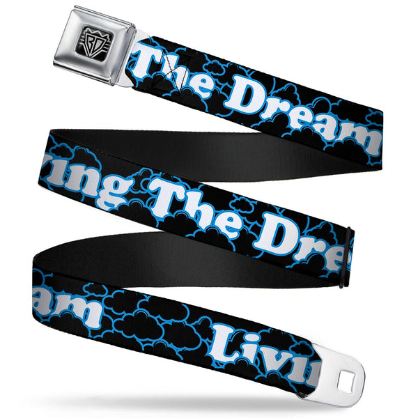 buckle down BD Wings Logo CLOSE-UP Full Color Black Silver Seatbelt Belt - LIVING THE DREAM/Clouds Black/Blue/White Webbing