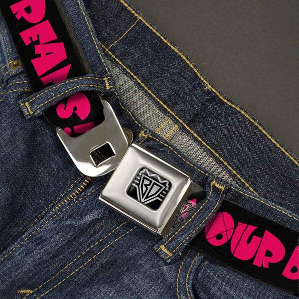 Buckle Down BD Wings Logo CLOSE-UP Full Color Black Silver Seatbelt Belt - IN YOUR DREAMS Black/White/Pink Webbing