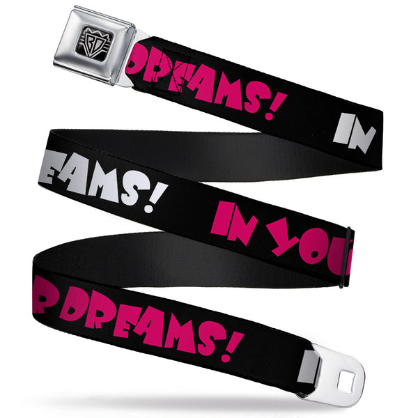 buckle down BD Wings Logo CLOSE-UP Full Color Black Silver Seatbelt Belt - IN YOUR DREAMS Black/White/Pink Webbing