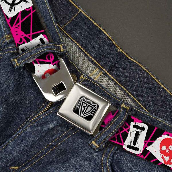 Buckle Down BD Wings Logo CLOSE-UP Full Color Black Silver Seatbelt Belt - I Heart Punk Rock W/Safety Pins Black/Fuchsia/White Webbing