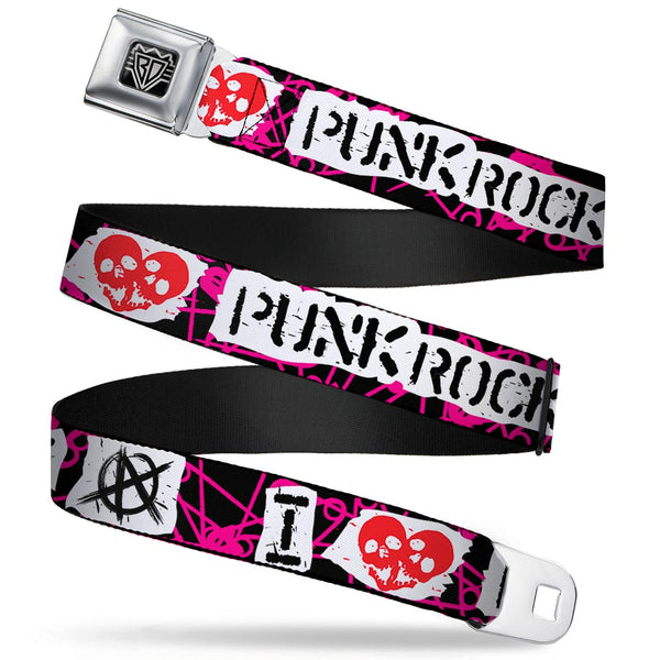 buckle down BD Wings Logo CLOSE-UP Full Color Black Silver Seatbelt Belt - I Heart Punk Rock w/Safety Pins Black/Fuchsia/White Webbing