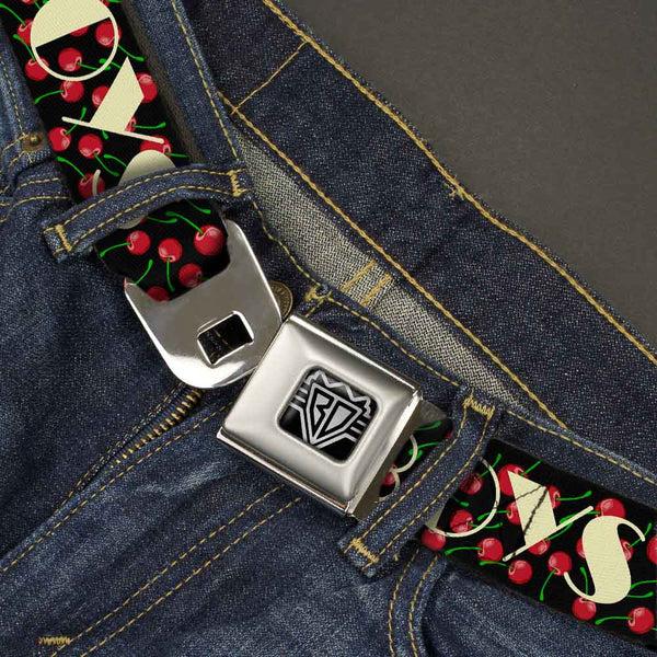 Buckle Down BD Wings Logo CLOSE-UP Full Color Black Silver Seatbelt Belt - I Heart BOYS Black/Cherries Webbing