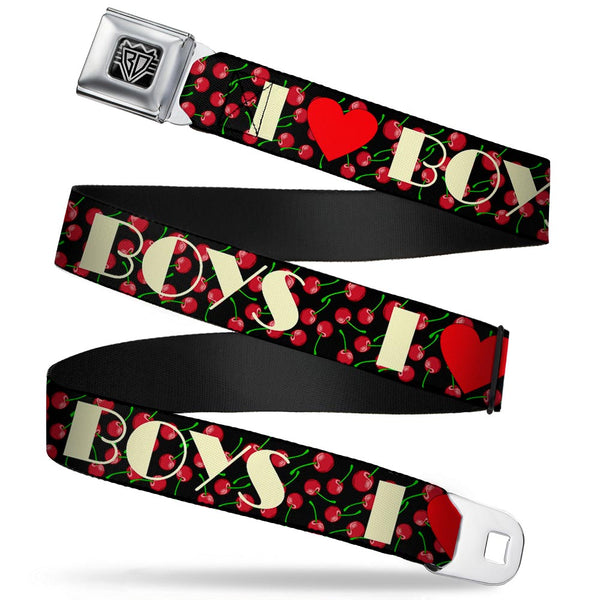 buckle down BD Wings Logo CLOSE-UP Full Color Black Silver Seatbelt Belt - I Heart BOYS Black/Cherries Webbing