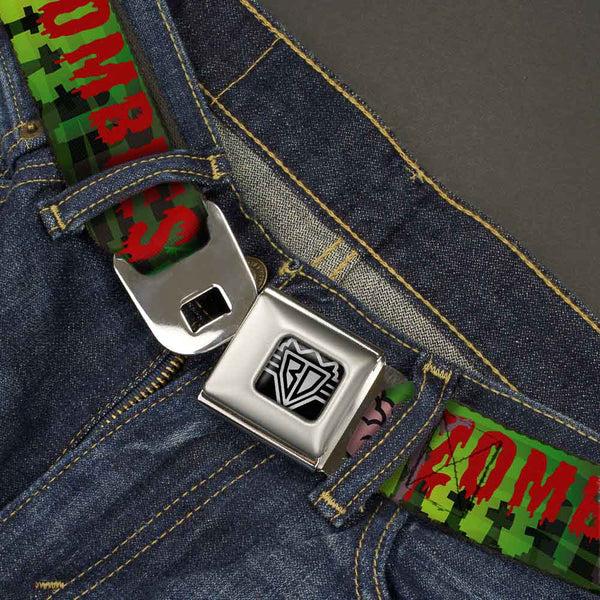 Buckle Down BD Wings Logo CLOSE-UP Full Color Black Silver Seatbelt Belt - I "Brain" ZOMBIES Webbing