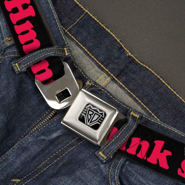 Buckle Down BD Wings Logo CLOSE-UP Full Color Black Silver Seatbelt Belt - HMMM I DON'T THINK SO Black/Pink Webbing
