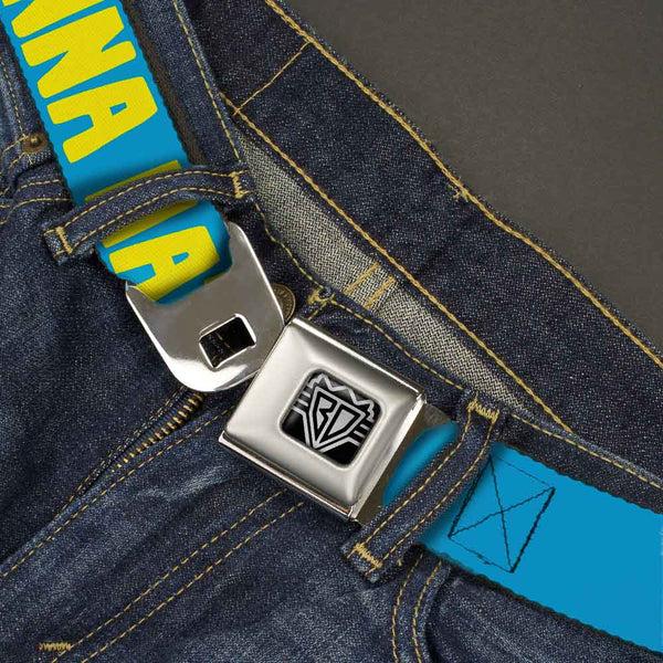 Buckle Down BD Wings Logo CLOSE-UP Full Color Black Silver Seatbelt Belt - HATERS GONNA HATE Turquoise/Yellow Webbing