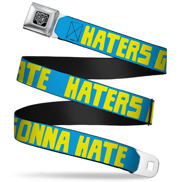 buckle down BD Wings Logo CLOSE-UP Full Color Black Silver Seatbelt Belt - HATERS GONNA HATE Turquoise/Yellow Webbing