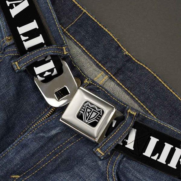 Buckle Down BD Wings Logo CLOSE-UP Full Color Black Silver Seatbelt Belt - GET A LIFE Black/White Webbing