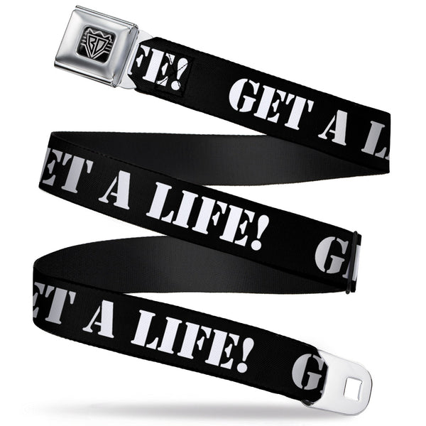 buckle down BD Wings Logo CLOSE-UP Full Color Black Silver Seatbelt Belt - GET A LIFE Black/White Webbing