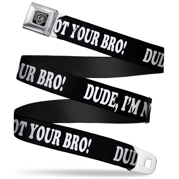 buckle down BD Wings Logo CLOSE-UP Full Color Black Silver Seatbelt Belt - DUDE I'M NOT YOUR BRO Black/White Webbing
