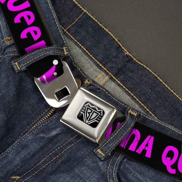 Buckle Down BD Wings Logo CLOSE-UP Full Color Black Silver Seatbelt Belt - DRAMA QUEEN Black/Fuchsia Webbing