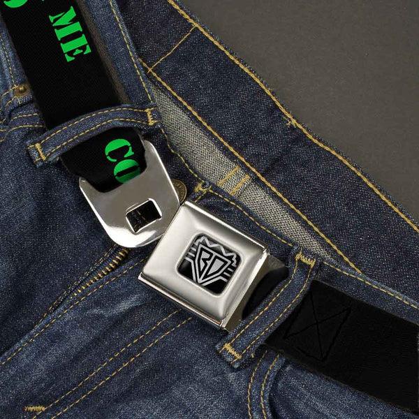 Buckle Down BD Wings Logo CLOSE-UP Full Color Black Silver Seatbelt Belt - COME AT ME-BRO Black/Green Stencil Webbing