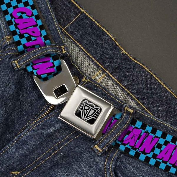 Buckle Down BD Wings Logo CLOSE-UP Full Color Black Silver Seatbelt Belt - CAPTAIN AWESOME Turquoise Checker/Fuchsia Webbing