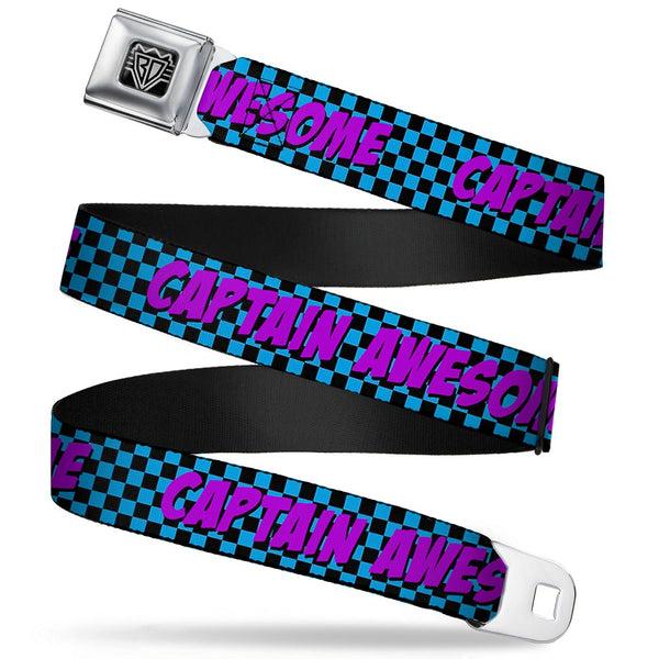 buckle down BD Wings Logo CLOSE-UP Full Color Black Silver Seatbelt Belt - CAPTAIN AWESOME Turquoise Checker/Fuchsia Webbing