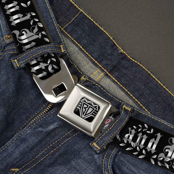 Buckle Down BD Wings Logo CLOSE-UP Full Color Black Silver Seatbelt Belt - Truth And Justice Black/White Webbing