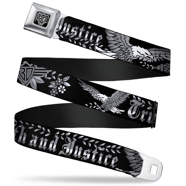 buckle down BD Wings Logo CLOSE-UP Full Color Black Silver Seatbelt Belt - Truth and Justice Black/White Webbing