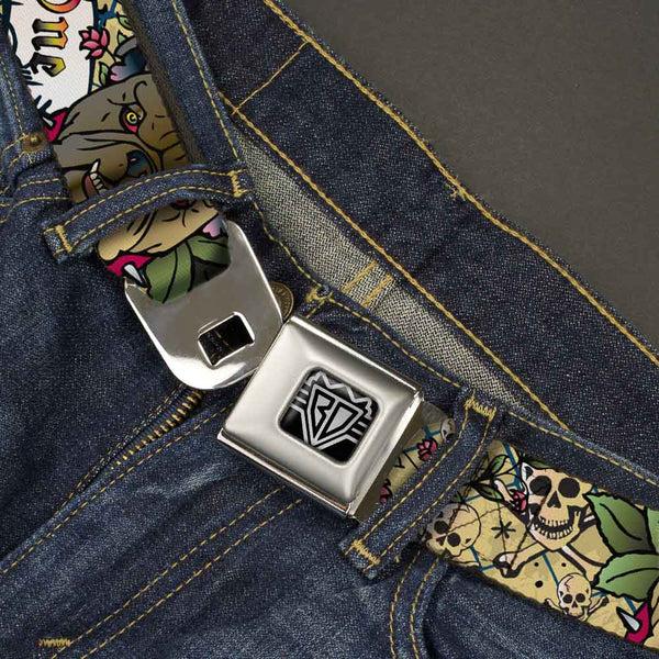 Buckle Down BD Wings Logo CLOSE-UP Full Color Black Silver Seatbelt Belt - Trust No One Tan Webbing