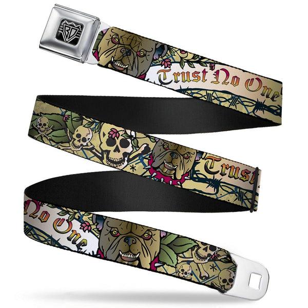 buckle down BD Wings Logo CLOSE-UP Full Color Black Silver Seatbelt Belt - Trust No One Tan Webbing