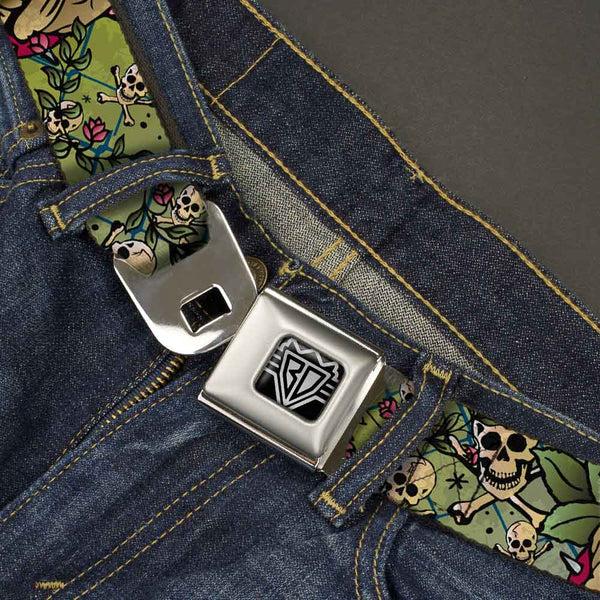 Buckle Down BD Wings Logo CLOSE-UP Full Color Black Silver Seatbelt Belt - Trust No One CLOSE-UP Yellow/Green/Blue-S Webbing