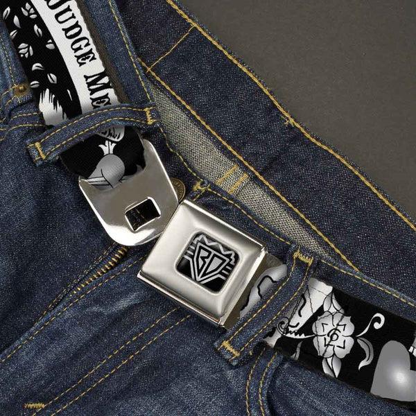 Buckle Down BD Wings Logo CLOSE-UP Full Color Black Silver Seatbelt Belt - Only God Can Judge Me Black/White Webbing