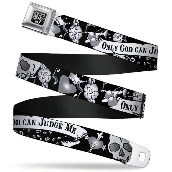 buckle down BD Wings Logo CLOSE-UP Full Color Black Silver Seatbelt Belt - Only God Can Judge Me Black/White Webbing