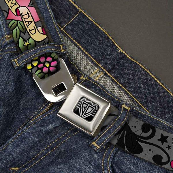 Buckle Down BD Wings Logo CLOSE-UP Full Color Black Silver Seatbelt Belt - Mom & Dad Gray Webbing