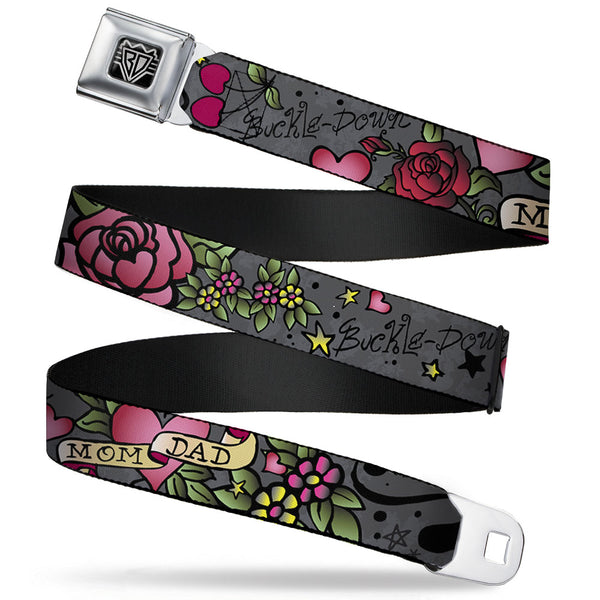 buckle down BD Wings Logo CLOSE-UP Full Color Black Silver Seatbelt Belt - Mom & Dad Gray Webbing