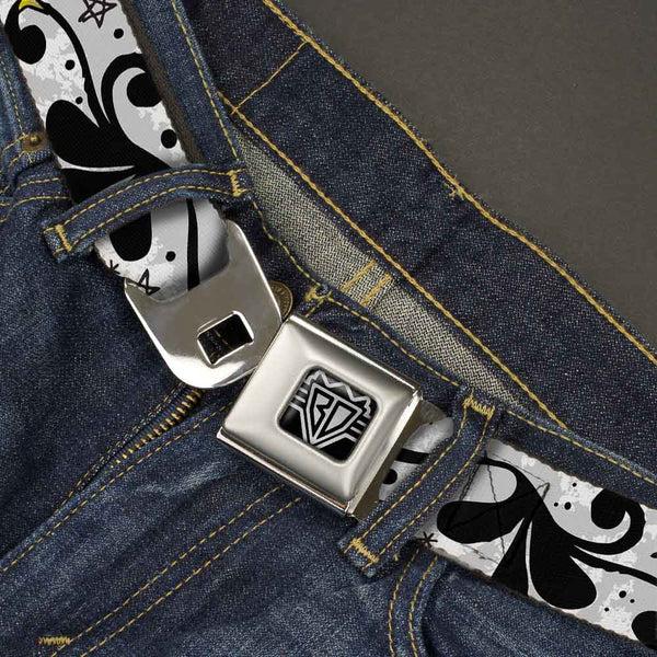 Buckle Down BD Wings Logo CLOSE-UP Full Color Black Silver Seatbelt Belt - Mom & Dad CLOSE-UP White Webbing