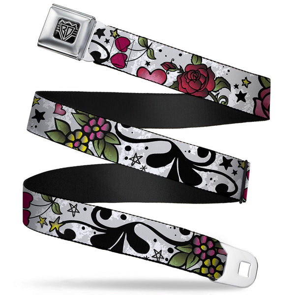 buckle down BD Wings Logo CLOSE-UP Full Color Black Silver Seatbelt Belt - Mom & Dad CLOSE-UP White Webbing