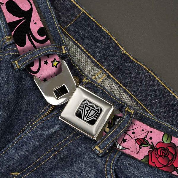 Buckle Down BD Wings Logo CLOSE-UP Full Color Black Silver Seatbelt Belt - Mom & Dad CLOSE-UP Pink W/Sparrows Webbing