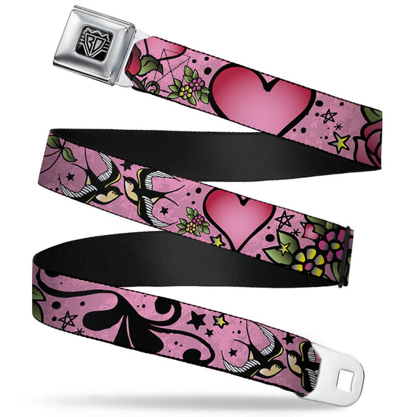 buckle down BD Wings Logo CLOSE-UP Full Color Black Silver Seatbelt Belt - Mom & Dad CLOSE-UP Pink w/Sparrows Webbing