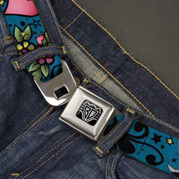 Buckle Down BD Wings Logo CLOSE-UP Full Color Black Silver Seatbelt Belt - Mom & Dad CLOSE-UP Blue W/Sparrows Webbing