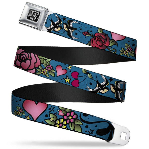 buckle down BD Wings Logo CLOSE-UP Full Color Black Silver Seatbelt Belt - Mom & Dad CLOSE-UP Blue w/Sparrows Webbing