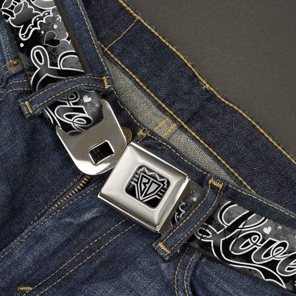 Buckle Down BD Wings Logo CLOSE-UP Full Color Black Silver Seatbelt Belt - Love Love Black/White Webbing