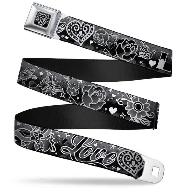 buckle down BD Wings Logo CLOSE-UP Full Color Black Silver Seatbelt Belt - Love Love Black/White Webbing