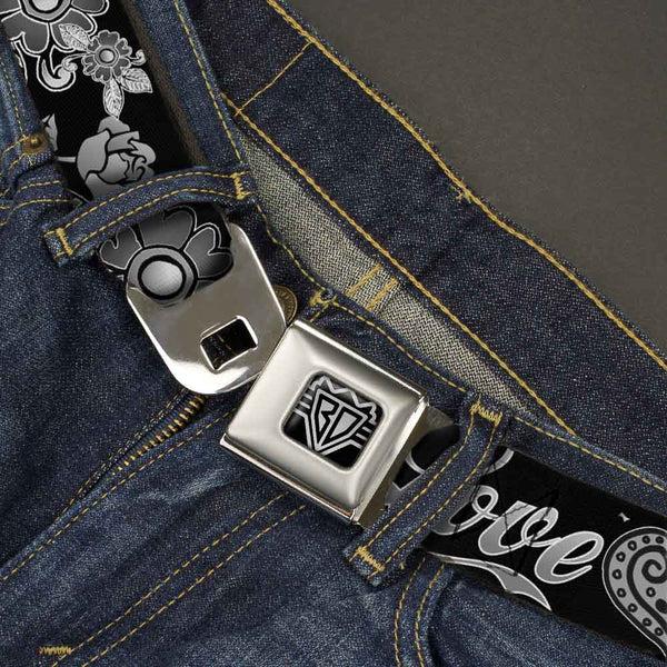 Buckle Down BD Wings Logo CLOSE-UP Full Color Black Silver Seatbelt Belt - Love Kills Black/White Webbing