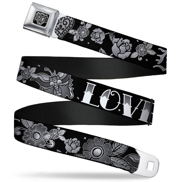 buckle down BD Wings Logo CLOSE-UP Full Color Black Silver Seatbelt Belt - Love Kills Black/White Webbing