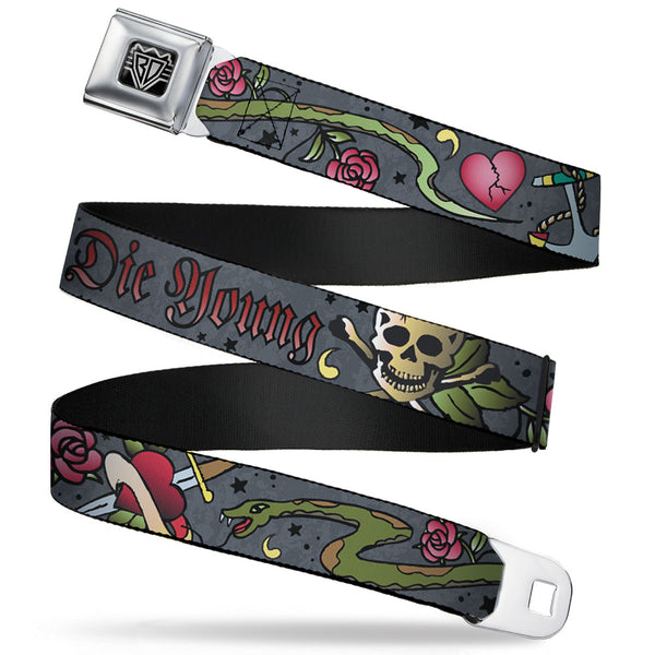 buckle down BD Wings Logo CLOSE-UP Full Color Black Silver Seatbelt Belt - Live Hard Die Young Gray Webbing