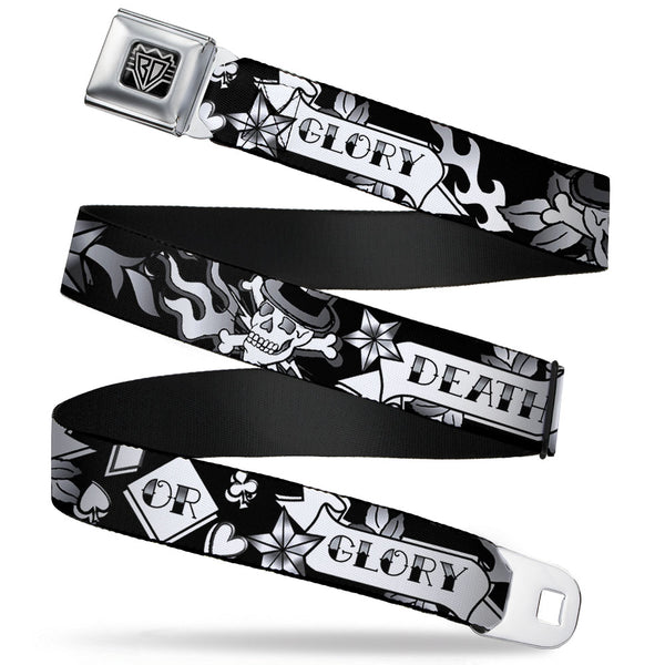 buckle down BD Wings Logo CLOSE-UP Full Color Black Silver Seatbelt Belt - Death or Glory Black/White Webbing