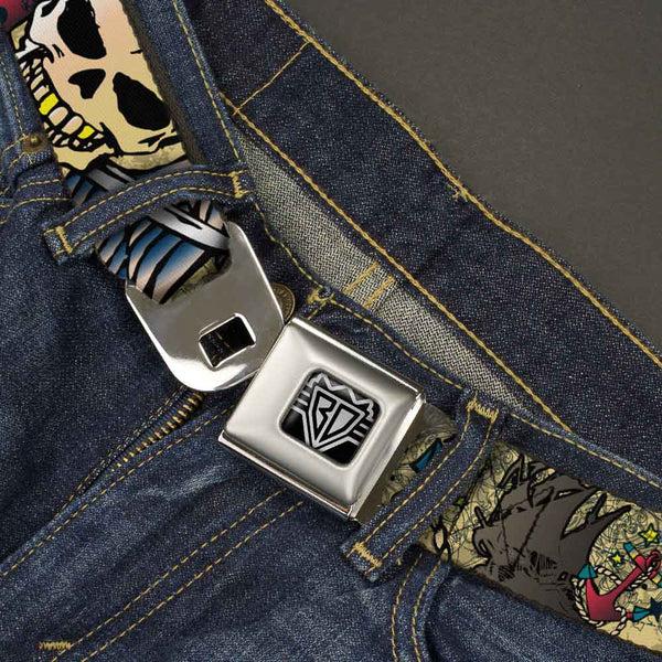 Buckle Down BD Wings Logo CLOSE-UP Full Color Black Silver Seatbelt Belt - Dead Men Tell No Tales Tan Webbing