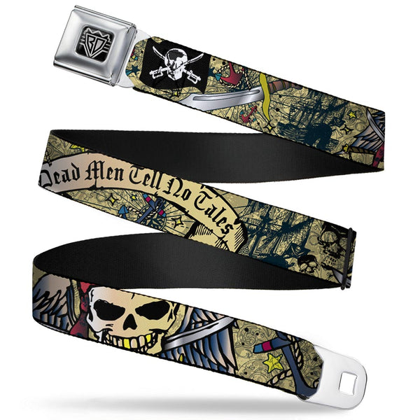 buckle down BD Wings Logo CLOSE-UP Full Color Black Silver Seatbelt Belt - Dead Men Tell No Tales Tan Webbing